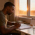 A man sitting at a tidy desk setup at sunrise with a journal, habit tracker, glass of water, and neatly arranged workspace