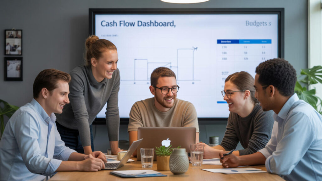 A startup team gathered around a large screen displaying a Cash Flow Dashboard, smiling as they plan budgets together