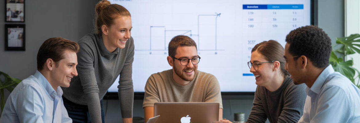 A startup team gathered around a large screen displaying a Cash Flow Dashboard, smiling as they plan budgets together