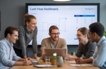 A startup team gathered around a large screen displaying a Cash Flow Dashboard, smiling as they plan budgets together