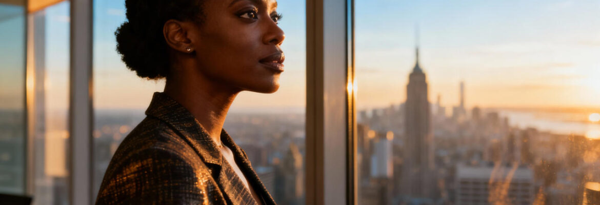 An entrepreneur looking out a window from a high-rise office, city skyline in the background