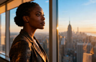 An entrepreneur looking out a window from a high-rise office, city skyline in the background