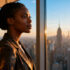An entrepreneur looking out a window from a high-rise office, city skyline in the background