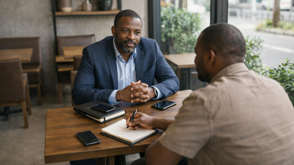 2 men having a business meeting in a modern café