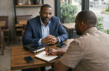 2 men having a business meeting in a modern café