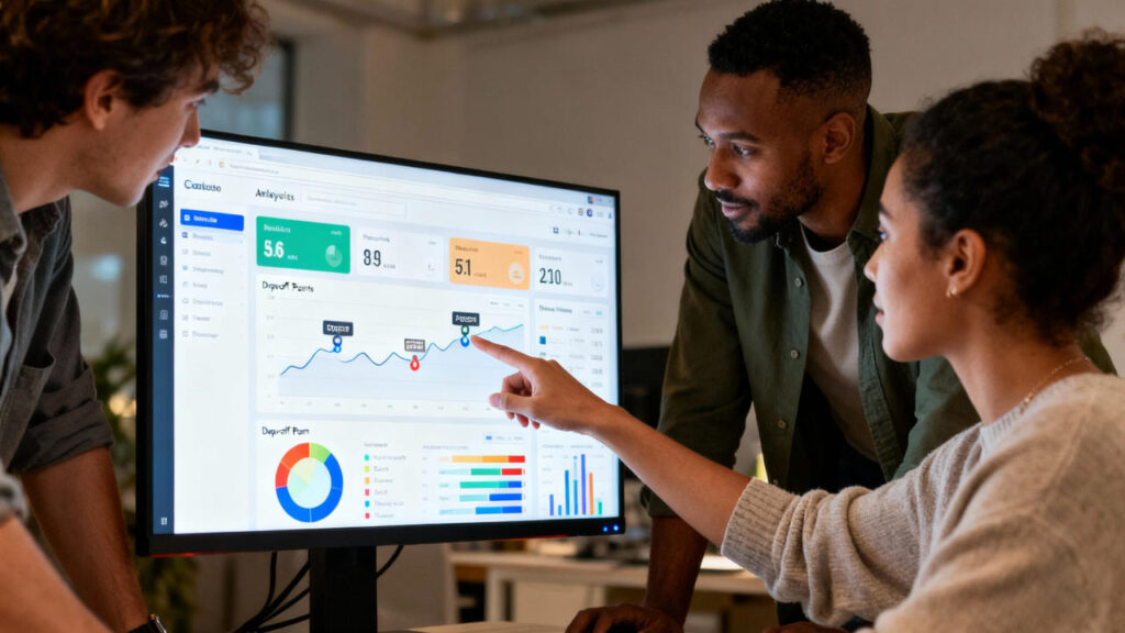 A small diverse team gathered around a large monitor displaying website analytics dashboards and heatmaps