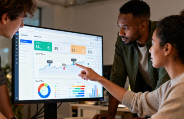 A small diverse team gathered around a large monitor displaying website analytics dashboards and heatmaps