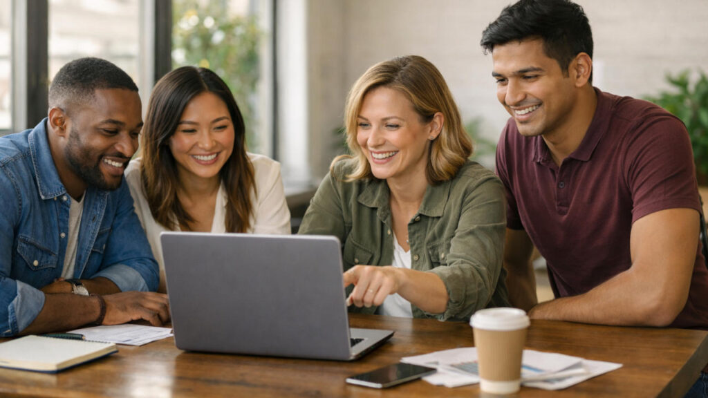 Collaborative meeting around a laptop in a modern office