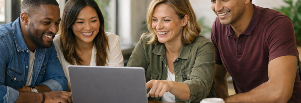 Collaborative meeting around a laptop in a modern office