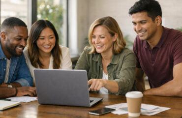Collaborative meeting around a laptop in a modern office