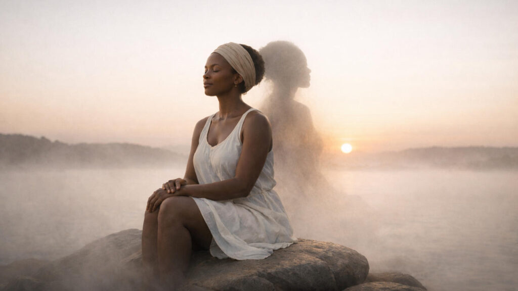 A cinematic illustration of an African woman sitting calmly on a rock at sunrise