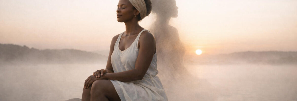 A cinematic illustration of an African woman sitting calmly on a rock at sunrise