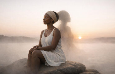 A cinematic illustration of an African woman sitting calmly on a rock at sunrise