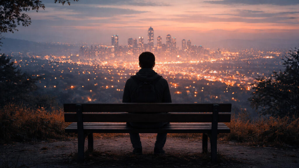 Solitary reflection at dusk on a bench