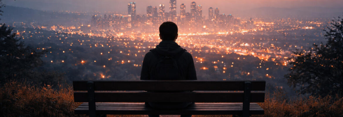 Solitary reflection at dusk on a bench