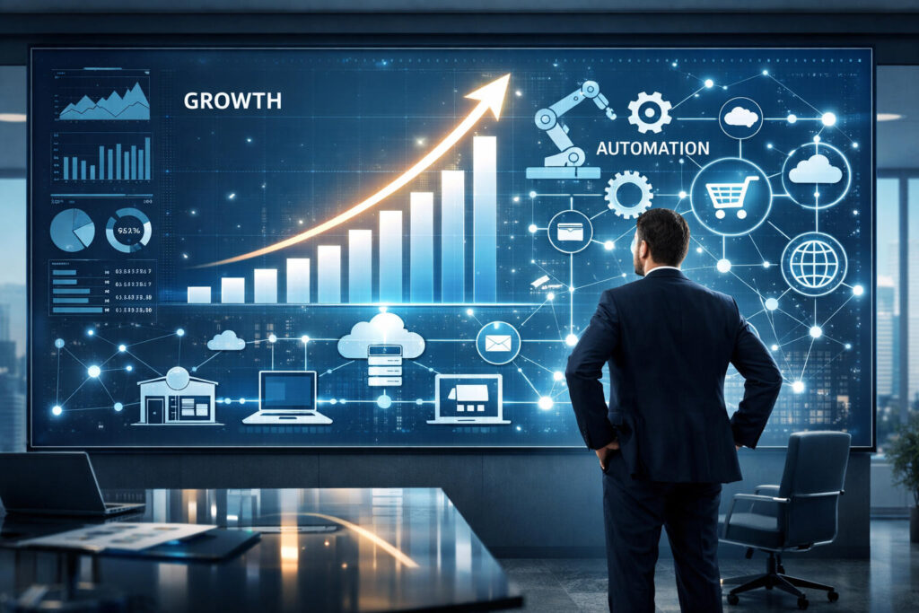 Businessman observing data-driven growth chart
