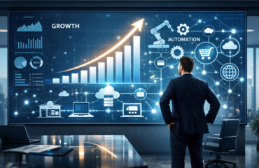 Businessman observing data-driven growth chart