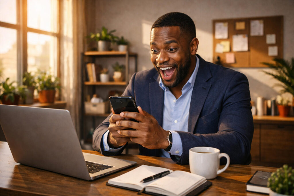 Excited businessman in early morning light