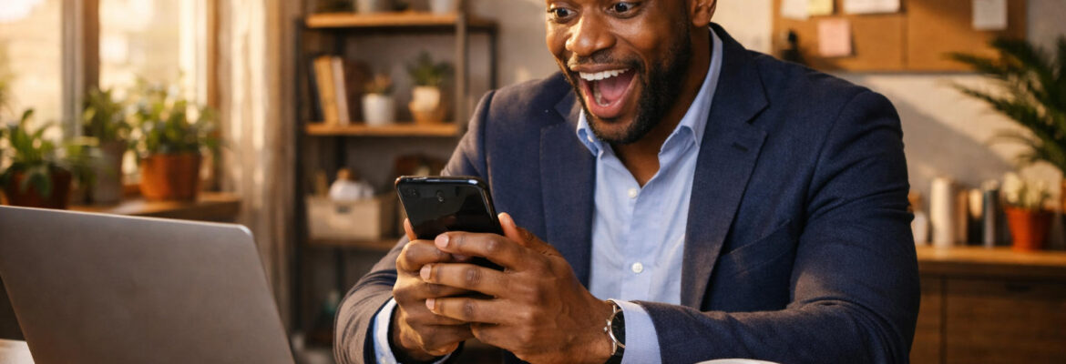 Excited businessman in early morning light
