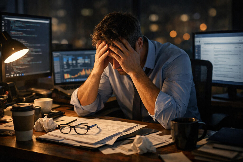 Late-night work stress and exhaustion