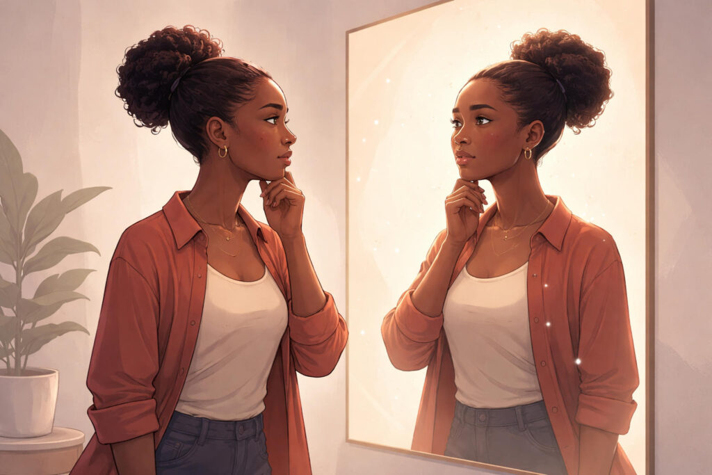 Woman contemplating in a mirror