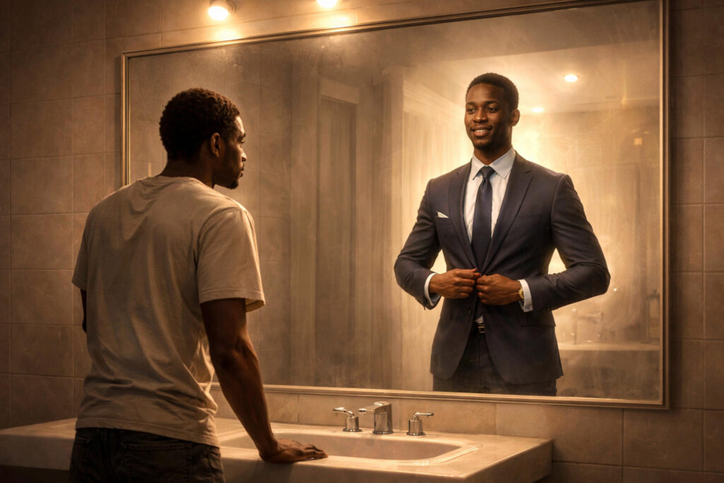 Man in a t-shirt reflecting on a brighter future by seeing himself in a suit through a mirror