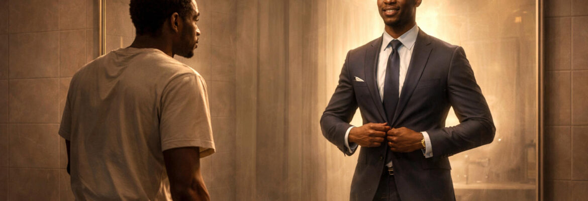 Man in a t-shirt reflecting on a brighter future by seeing himself in a suit through a mirror