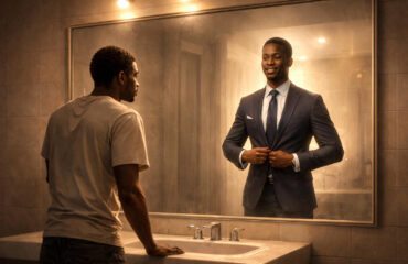 Man in a t-shirt reflecting on a brighter future by seeing himself in a suit through a mirror