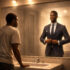 Man in a t-shirt reflecting on a brighter future by seeing himself in a suit through a mirror