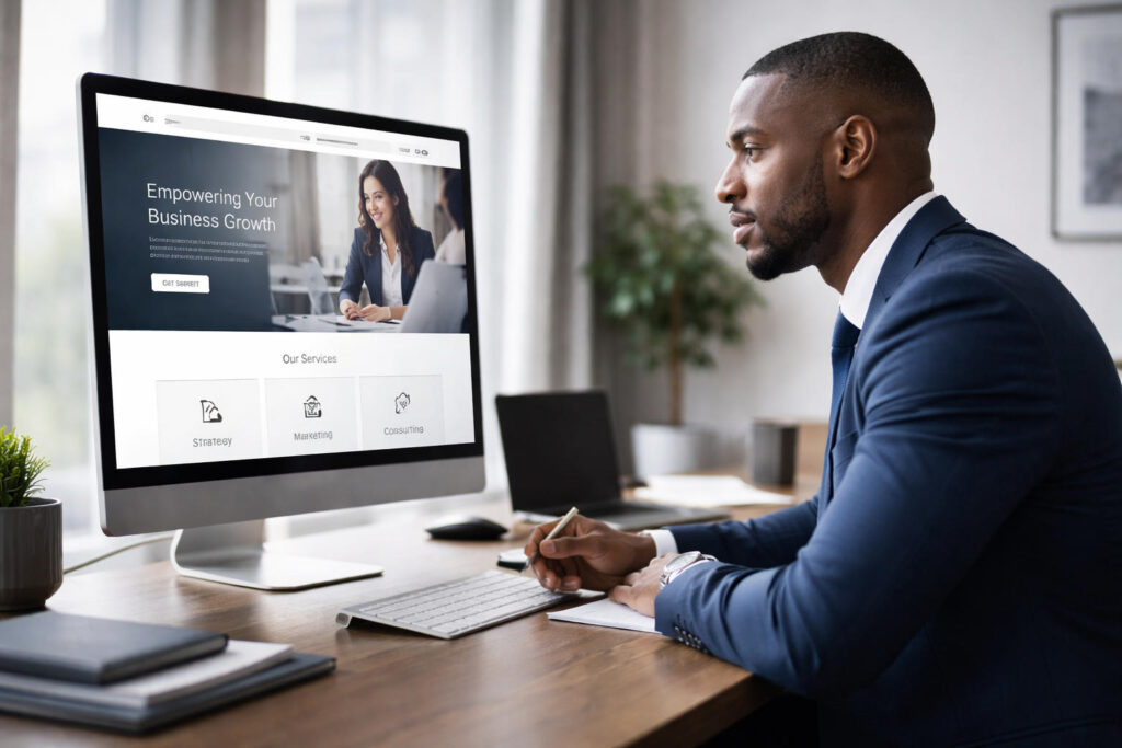 business professional reviewing a polished website on a desktop screen