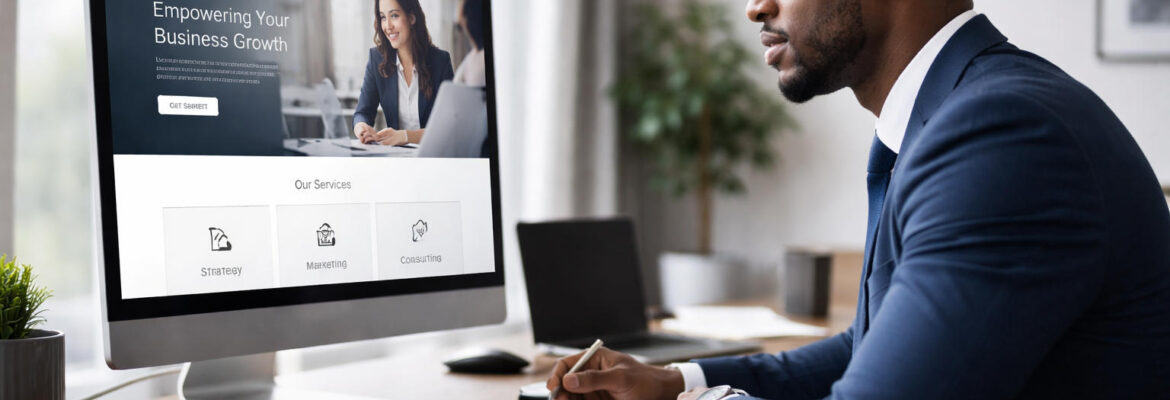 business professional reviewing a polished website on a desktop screen