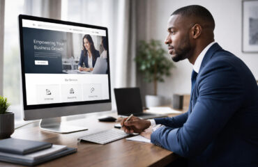 business professional reviewing a polished website on a desktop screen