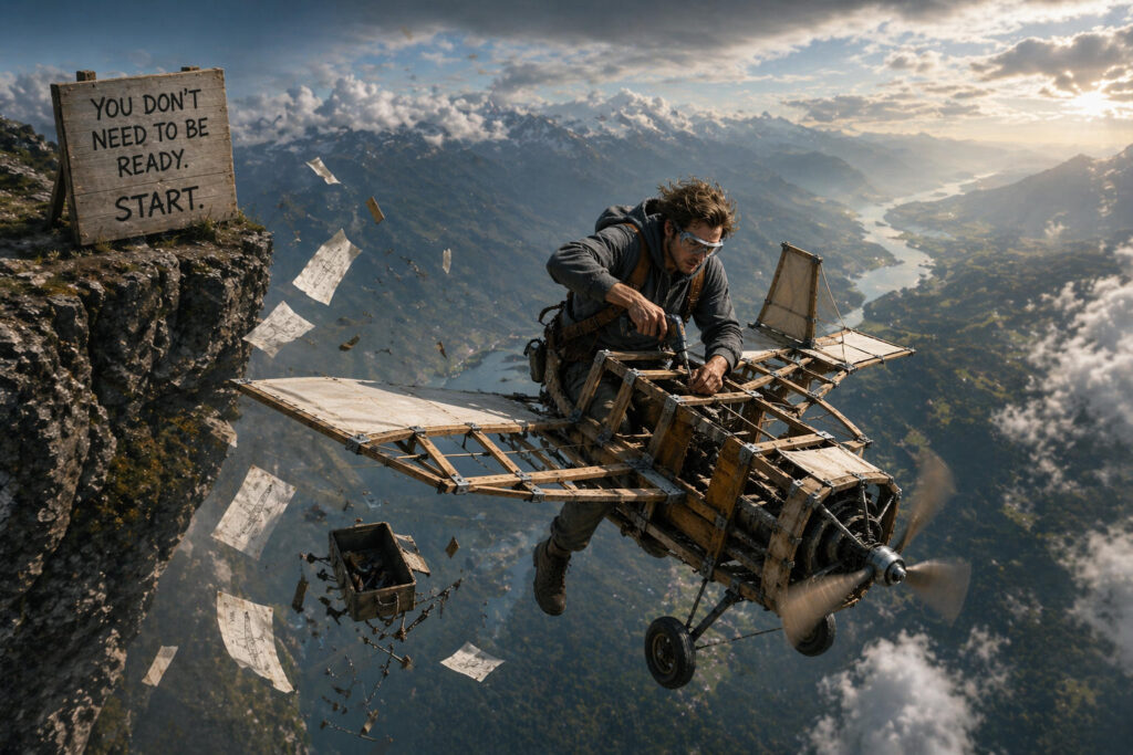 man jumping off a cliff and building a plane on the way down