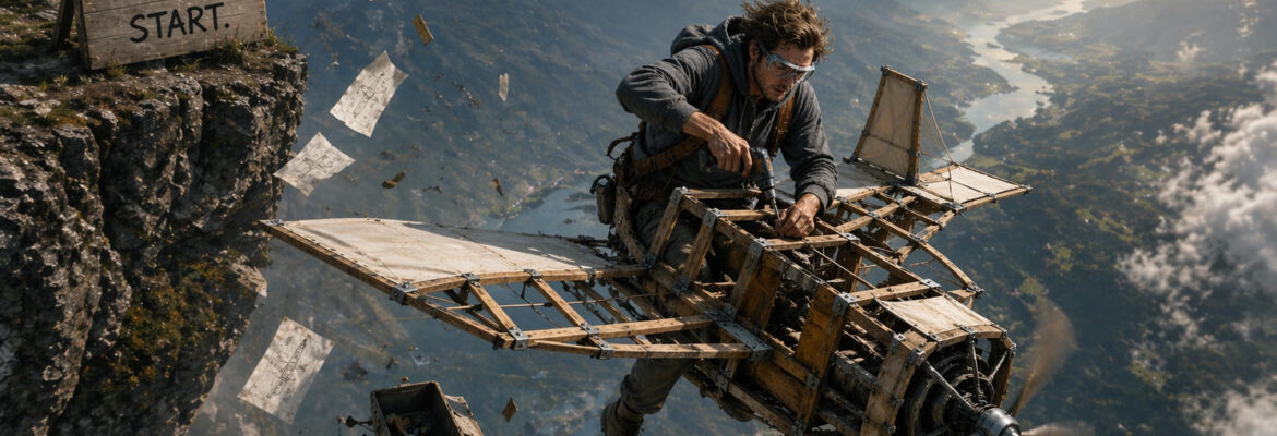 man jumping off a cliff and building a plane on the way down