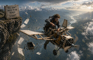 man jumping off a cliff and building a plane on the way down