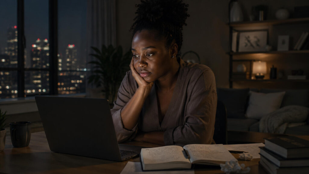 Young woman contemplating work in a city night