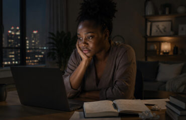 Young woman contemplating work in a city night