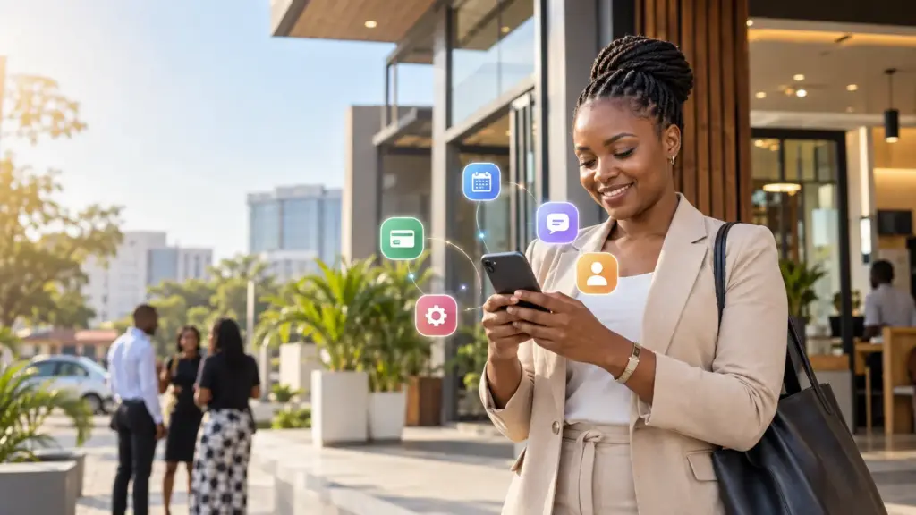 Professional Woman with Connected App Icons