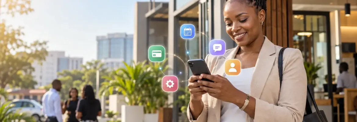 Professional Woman with Connected App Icons