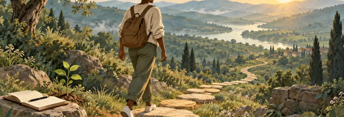 A woman follows a stepping-stone path toward a sunlit horizon, symbolising how small daily choices shape her future.