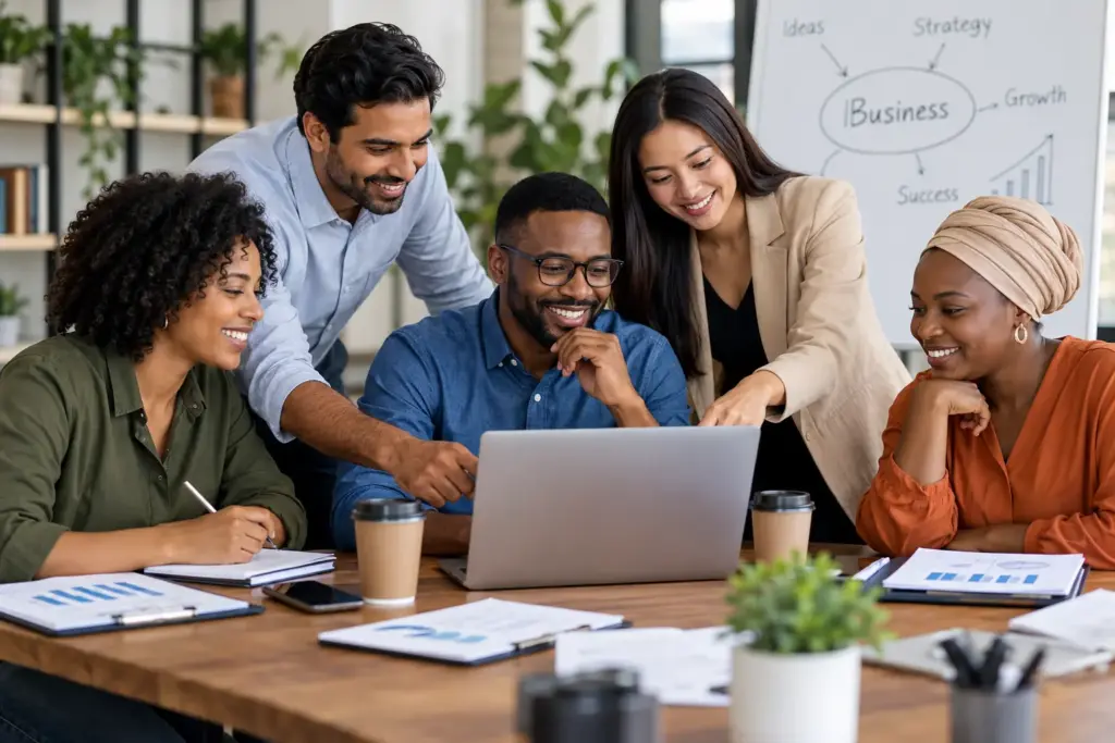 Diverse Team Brainstorming Around Laptop