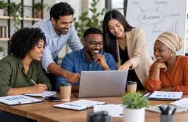 Diverse Team Brainstorming Around Laptop